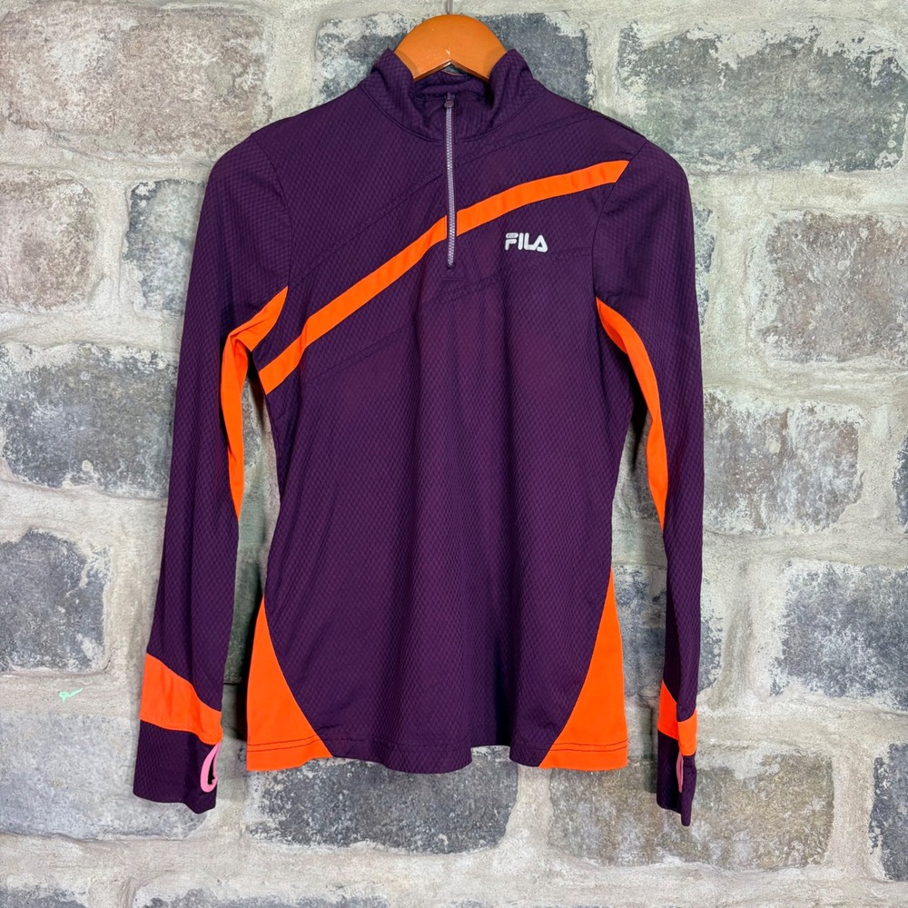 Fila Sport Womens Purple Orange Quarter Zip Running Top Thumbholes Size M Sporty